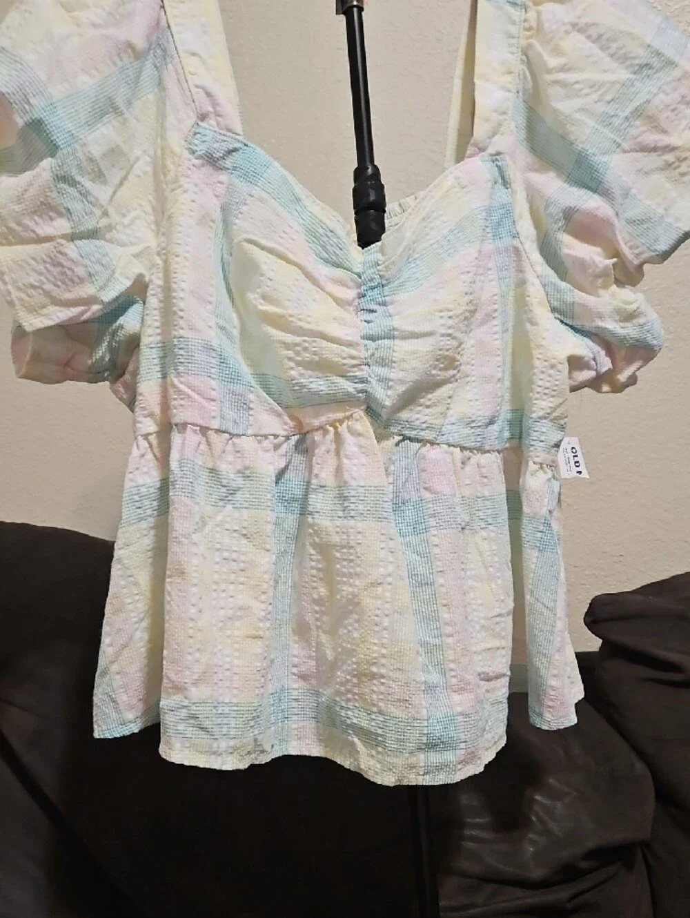 Old Navy Pastel Plaid Puff-Sleeve Peplum Top - Cream, Mint, Pink, Yellow